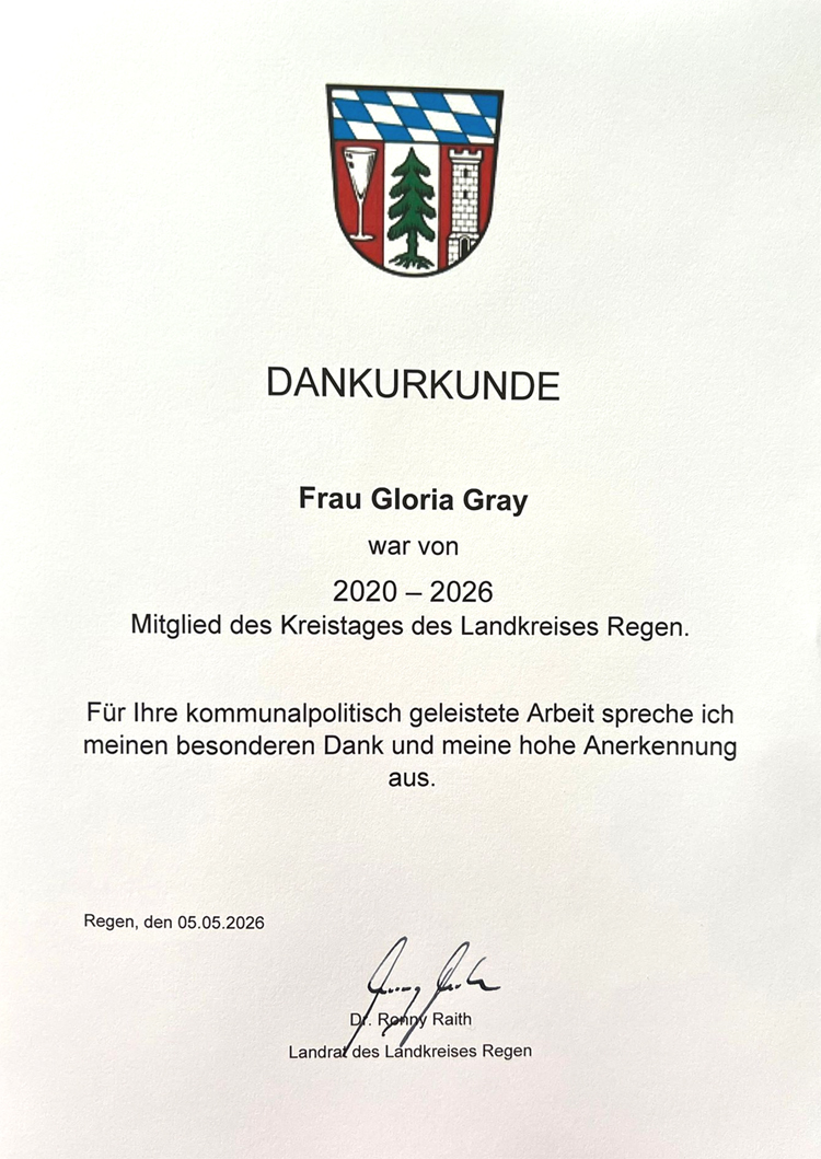 GLORIA GRAY - Dankurkunde, Mitglied des Kreistages 2020 - 2026