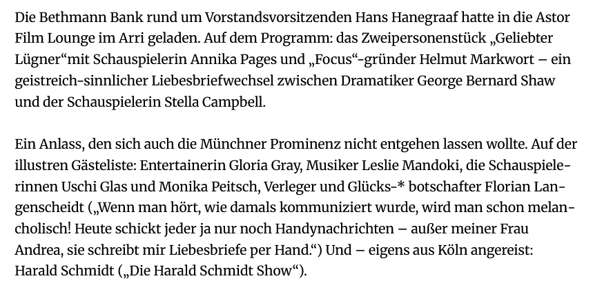 Harald Schmidts "weiche Seite" M�nchner Prominenz in der Astor Film Lounge - Abendzeitung (AZ) M�nchen, 15.01.2026 