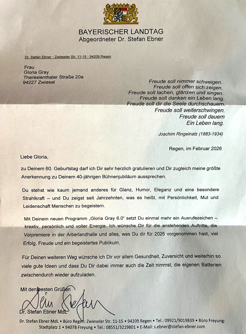 Bayerischer Landtag -  Abgeordneter Dr. Stefan Ebner zu Gloria Grays 60.sten Geburtstag