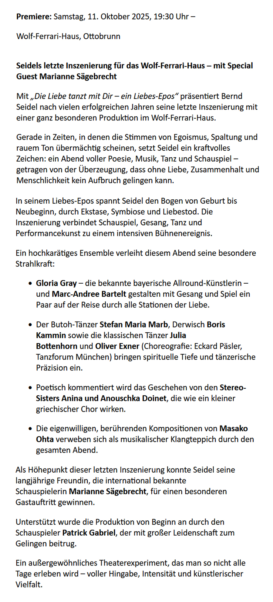 GLORIA GRAY - Die Liebe tanzt mit Dir - Ein Epos ber Leidenschaft und Hingabe - Samstag, 11. Oktober 2025, 19:30 Uhr im Wolf-Ferrari-Haus in Ottobrunn