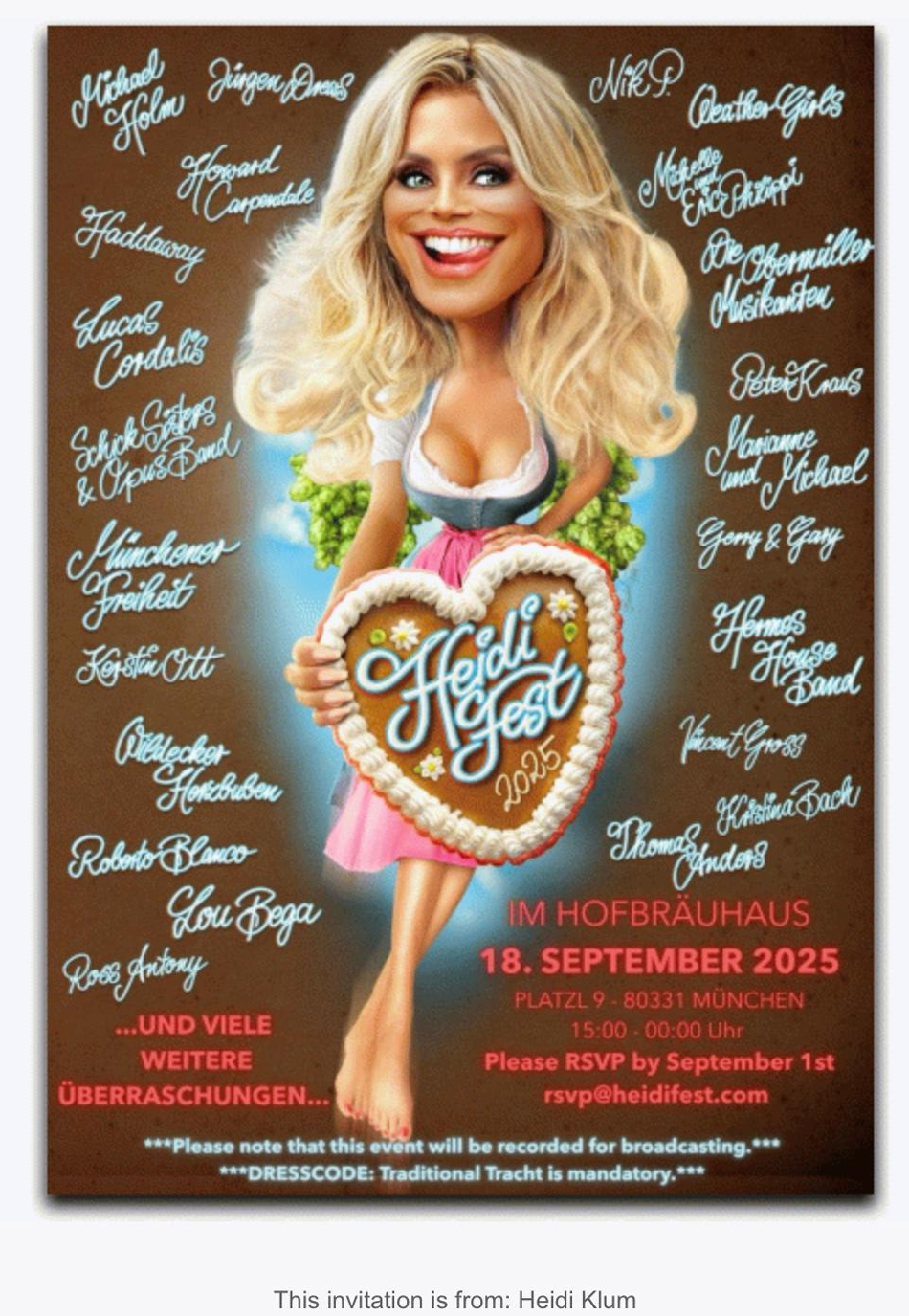 GLORIA GRAY: Invitation from Heidi Klum im Hofbruhaus Mnchen, 18.09.25