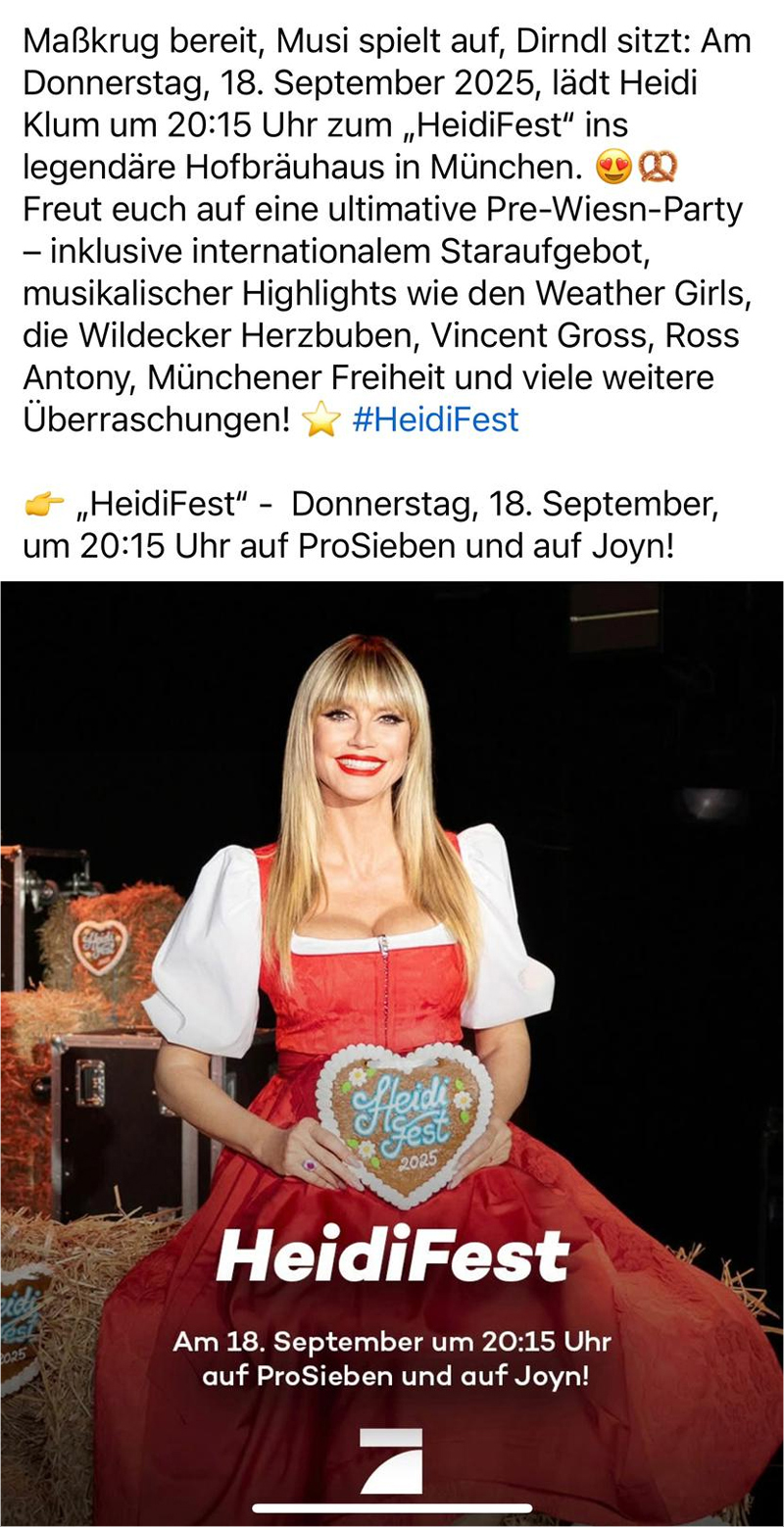 GLORIA GRAY: Invitation from Heidi Klum im Hofbruhaus Mnchen, 18.09.25 - Instagram